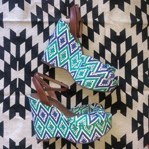 Lucky Aztec Blue Green Wedge Platforms Size 5.5